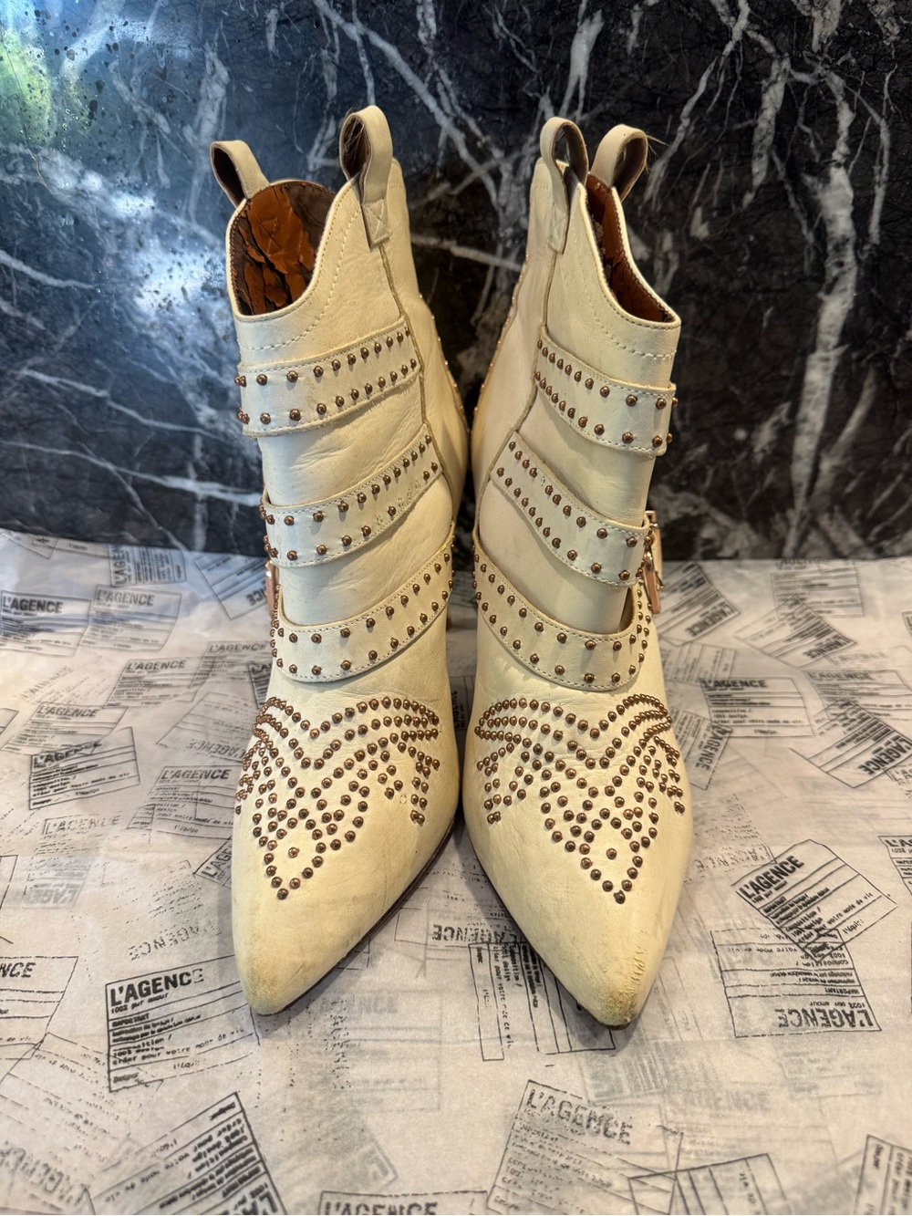 Schutz Studded Pointed-Toe Ankle Boots - Cream